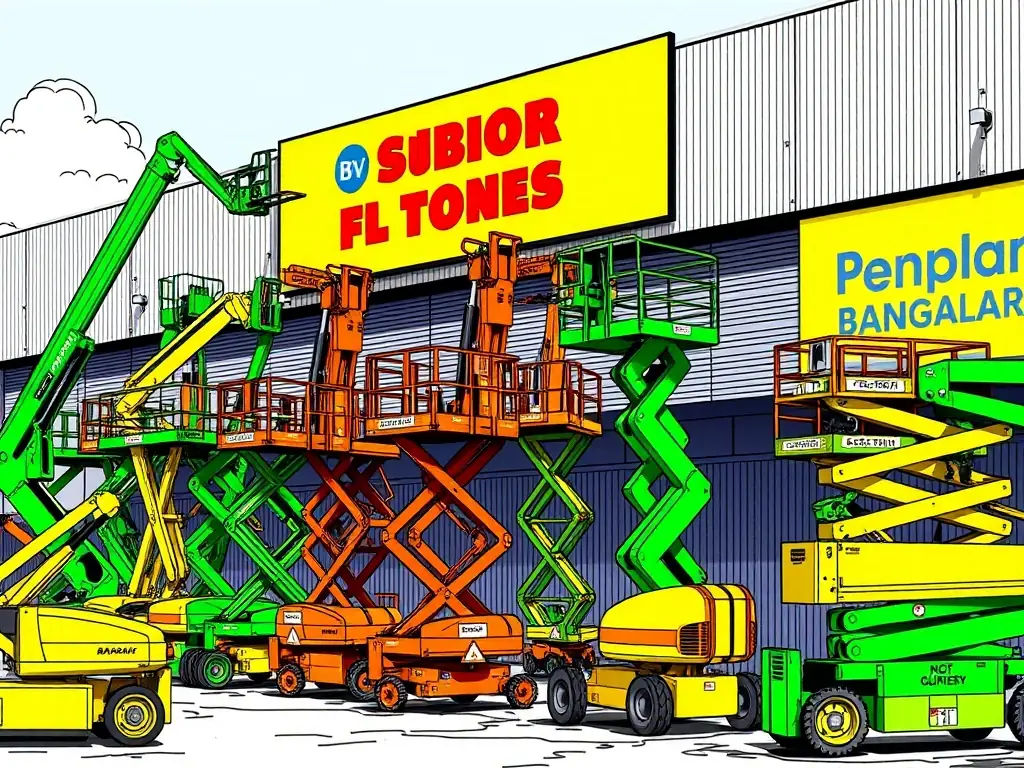 A selection of used boom lifts and scissor lifts displayed at a sales lot in Bangalore, showcasing the variety of options available for purchase.