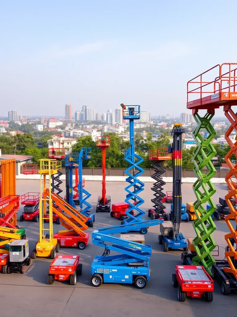 A wide range of boom lifts and scissor lifts lined up, showcasing the variety of models and specifications available for purchase at Boom Lift Bangalore to meet diverse project requirements.