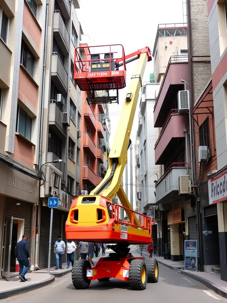 A boom lift easily navigating a tight space in an urban Bangalore setting, demonstrating maneuverability and adaptability.