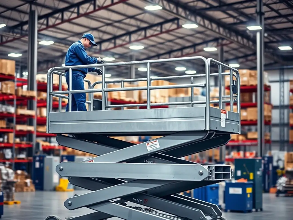 A scissor lift being used for indoor maintenance work in a warehouse in Bangalore. The image should emphasize the lift's compact size and maneuverability.