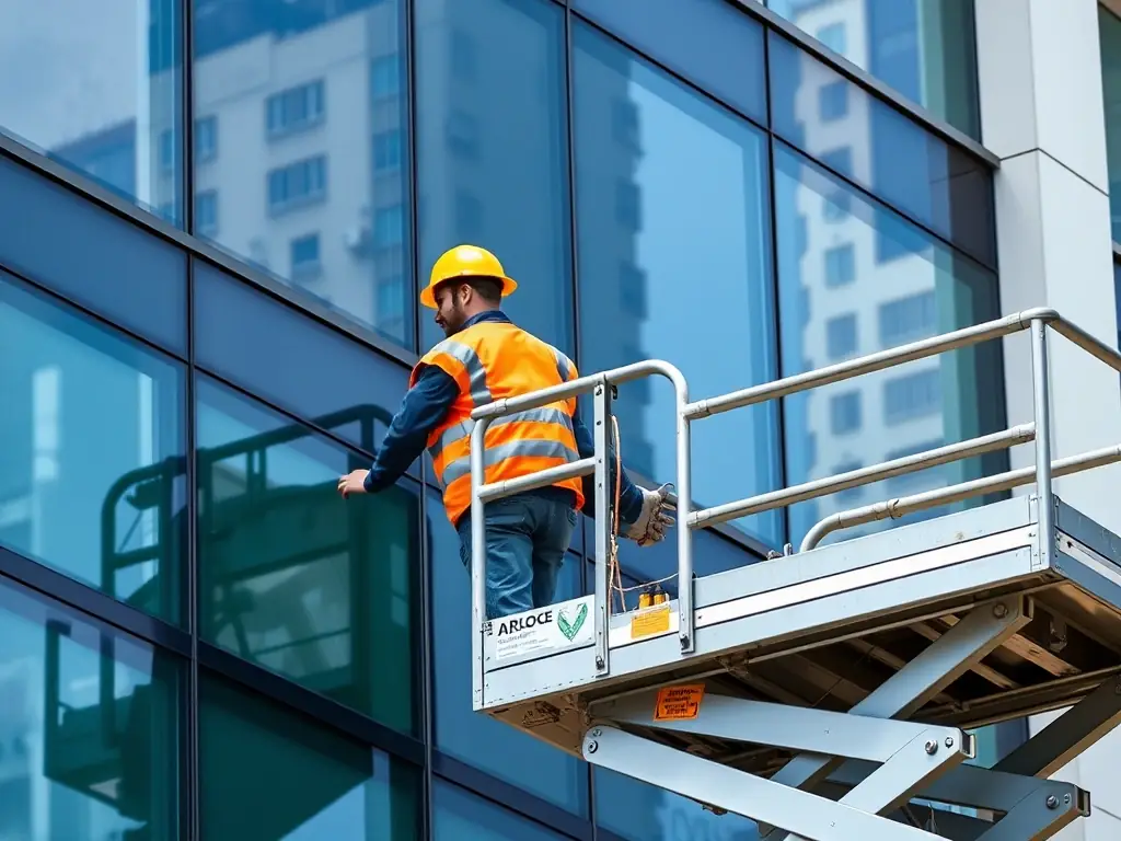 A worker using a scissor lift to perform maintenance work on a building facade in Bangalore. The scissor lift is positioned against a modern glass building.