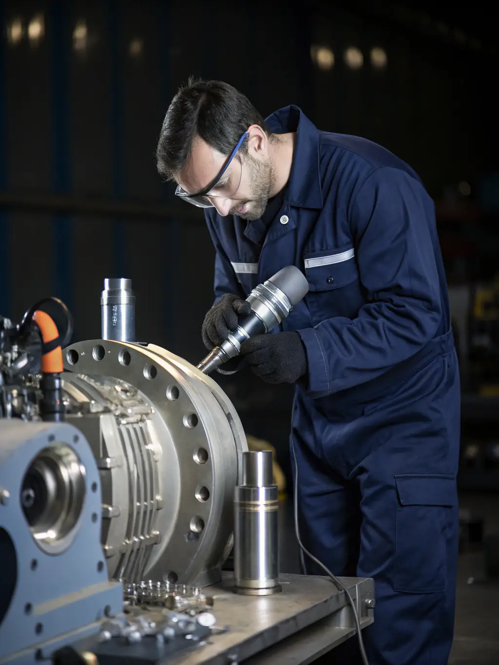 A technician repairing a scissor lift motor in a well-equipped workshop, showcasing the diagnostic tools and expertise used by Boom Lift Bangalore.