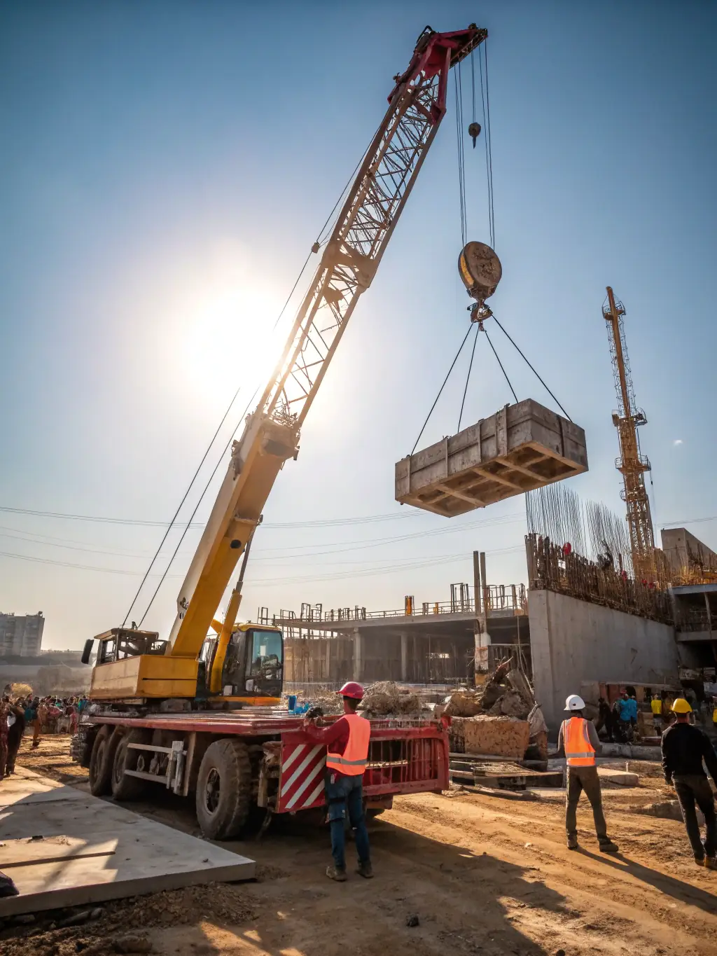 A well-maintained articulating boom lift on a construction site, showcasing its maneuverability and reach, with workers safely operating it.