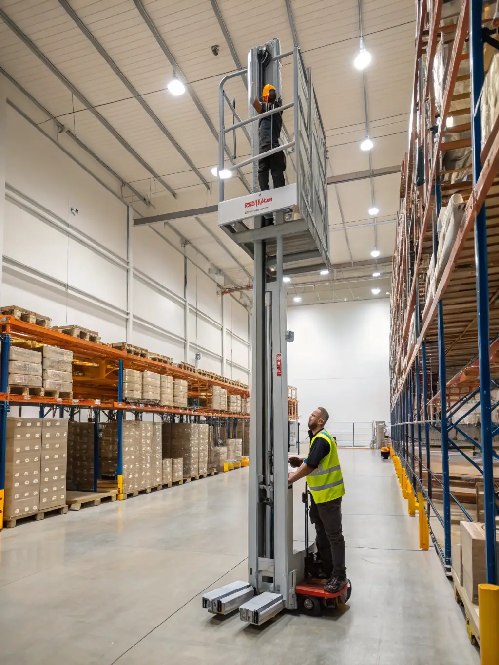 A high-angle shot of a brand new boom lift in a pristine warehouse, showcasing its robust build and advanced features, emphasizing the quality of equipment available for purchase at Boom Lift Bangalore.
