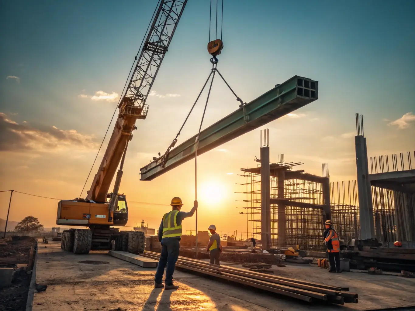 A well-maintained boom lift parked at a construction site in Bangalore, ready for operation. The image should highlight the lift's robust design and extended reach.