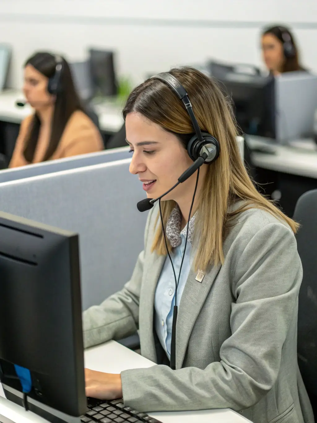 A customer service representative providing technical support over the phone, with a boom lift diagram displayed on a computer screen.