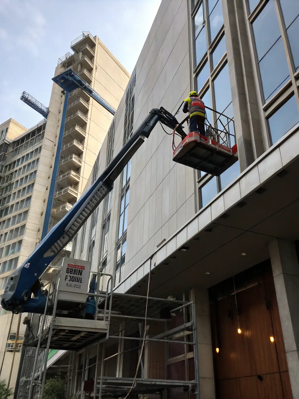 A well-maintained boom lift in operation at a construction site in Bangalore, with clear skies in the background, symbolizing reliability.
