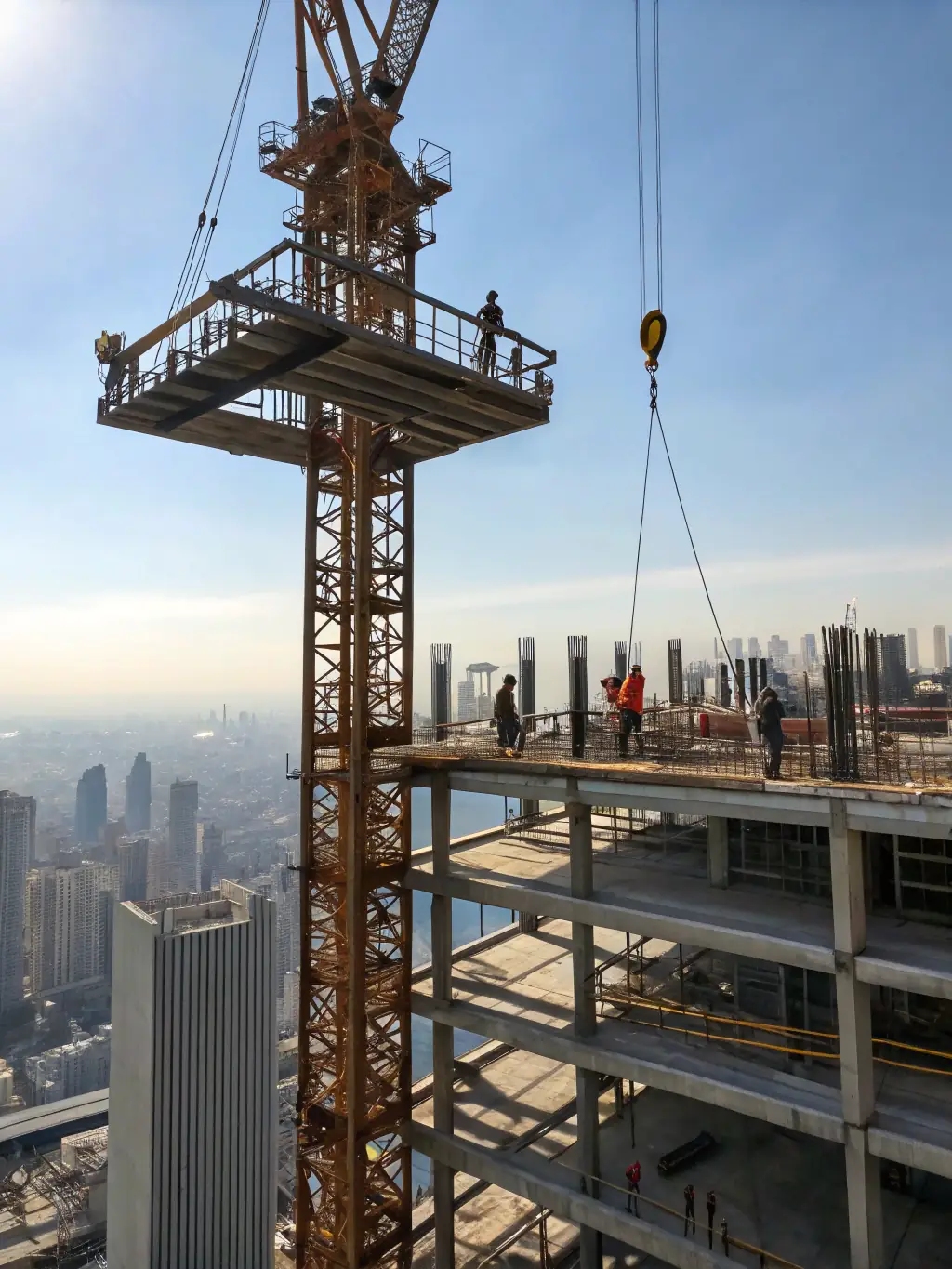 A telescopic boom lift extending to its maximum height on a construction site, emphasizing its long reach and stability for high-rise projects.