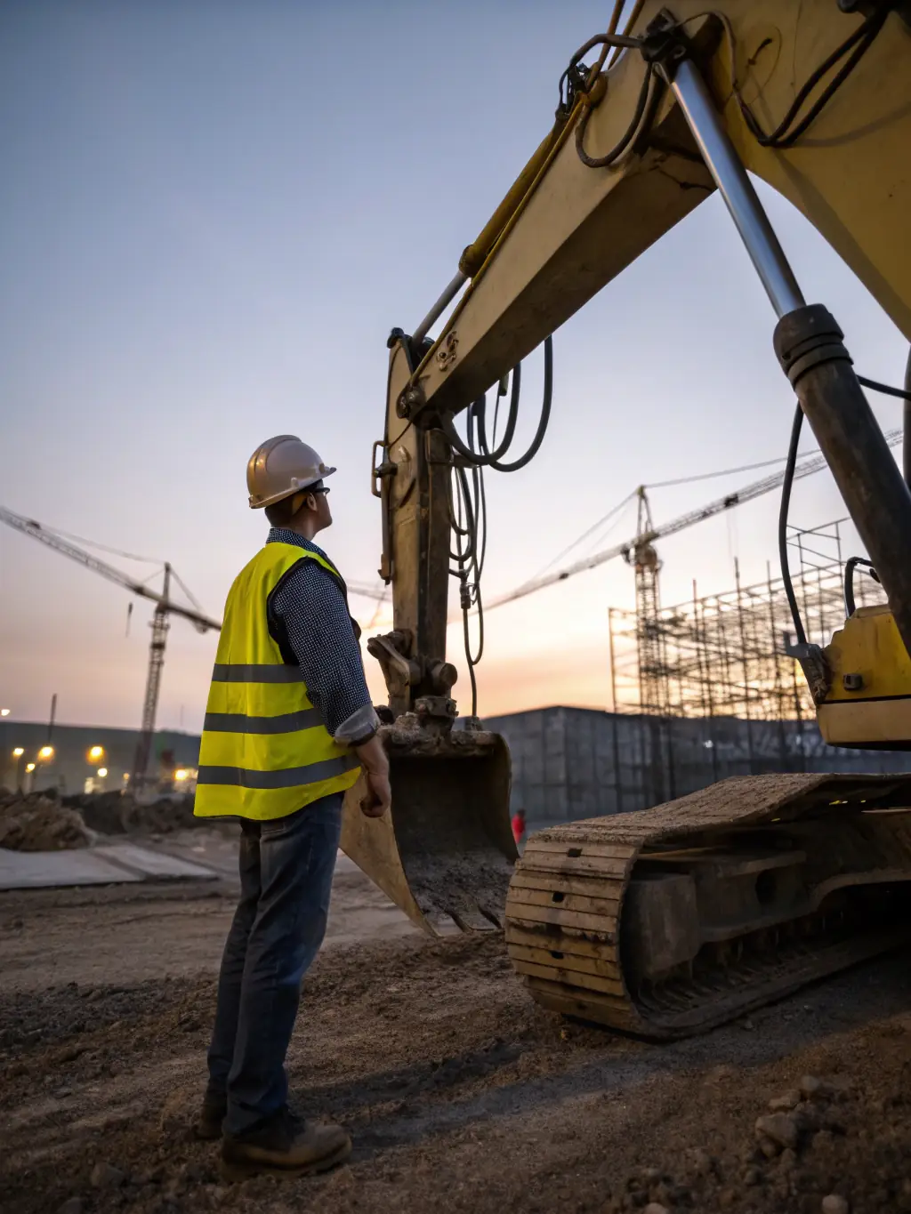 A boom lift undergoing routine maintenance, with a technician inspecting the hydraulic system, set against the backdrop of a Bangalore construction site.