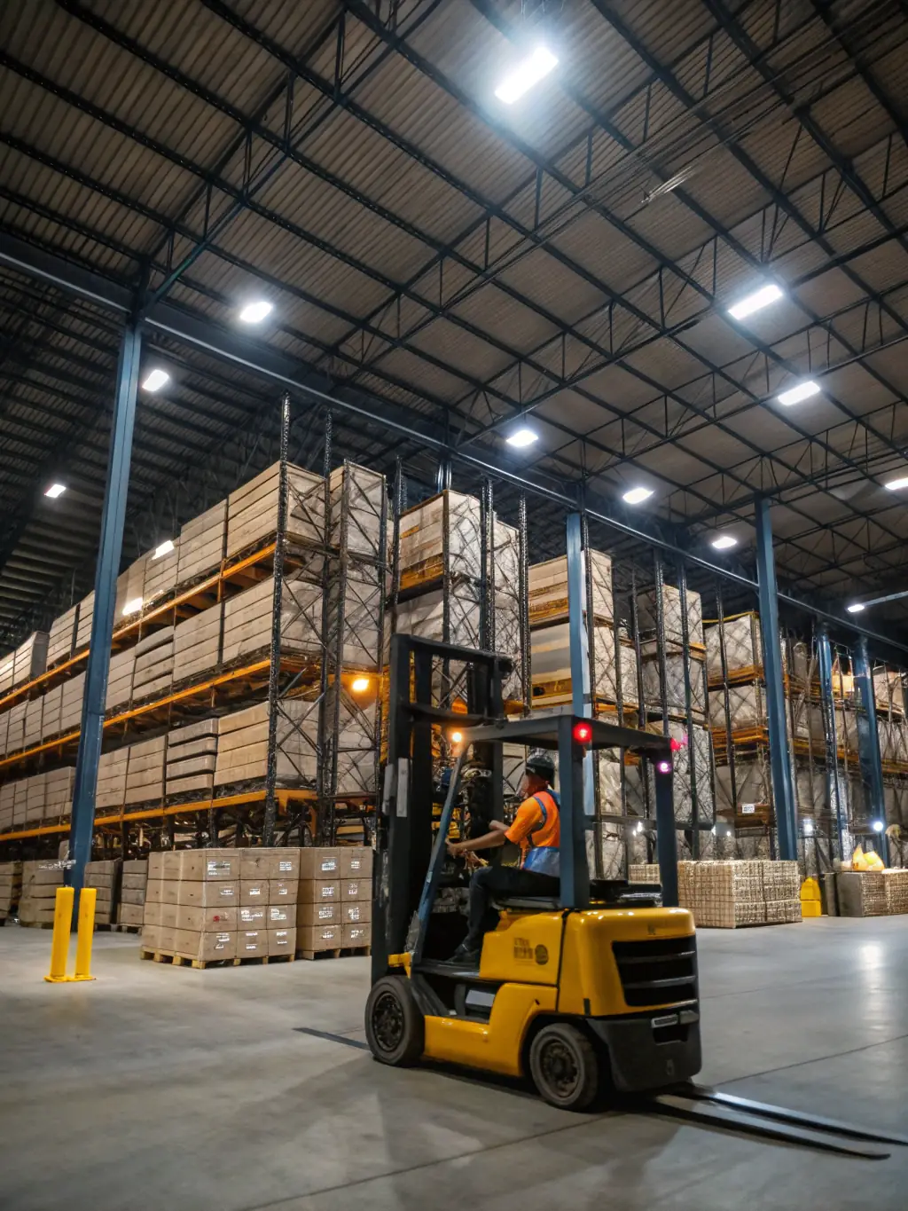 A scissor lift operating indoors in a warehouse, lifting workers to reach high shelves for inventory management, demonstrating its stability and safety.