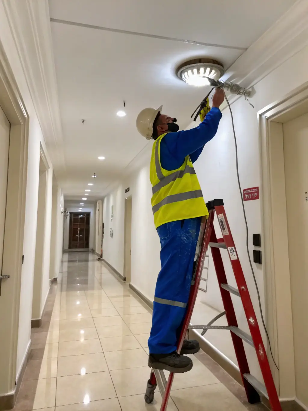 A compact electric scissor lift being used in a narrow aisle of a retail store for overhead maintenance, highlighting its compact size and eco-friendliness.