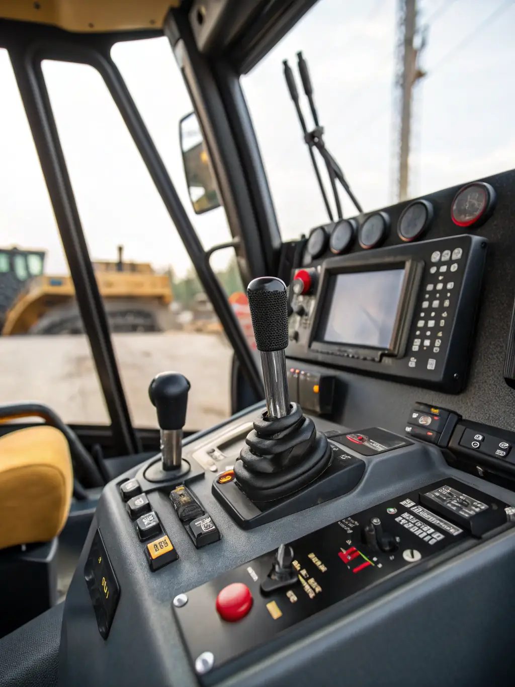 A close-up shot of a boom lift's control panel, highlighting its user-friendly design and advanced safety features, emphasizing quality.