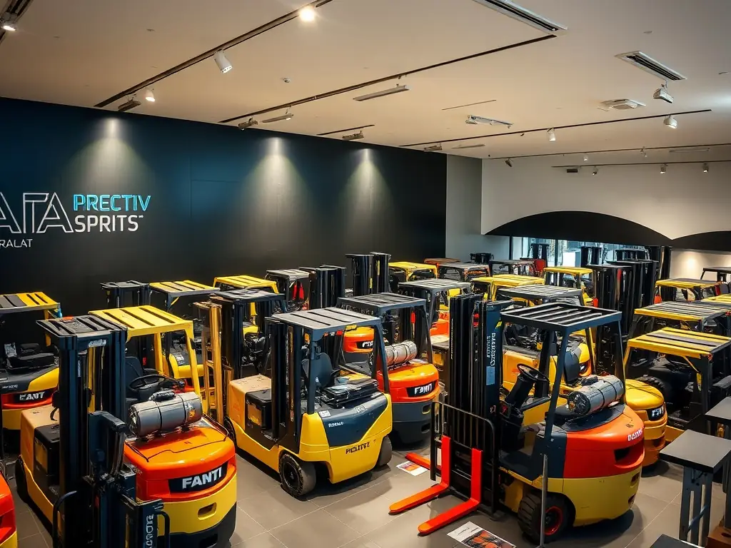 A display of various boom lifts and scissor lifts available for purchase, with specifications listed. The equipment is neatly arranged in a showroom setting.